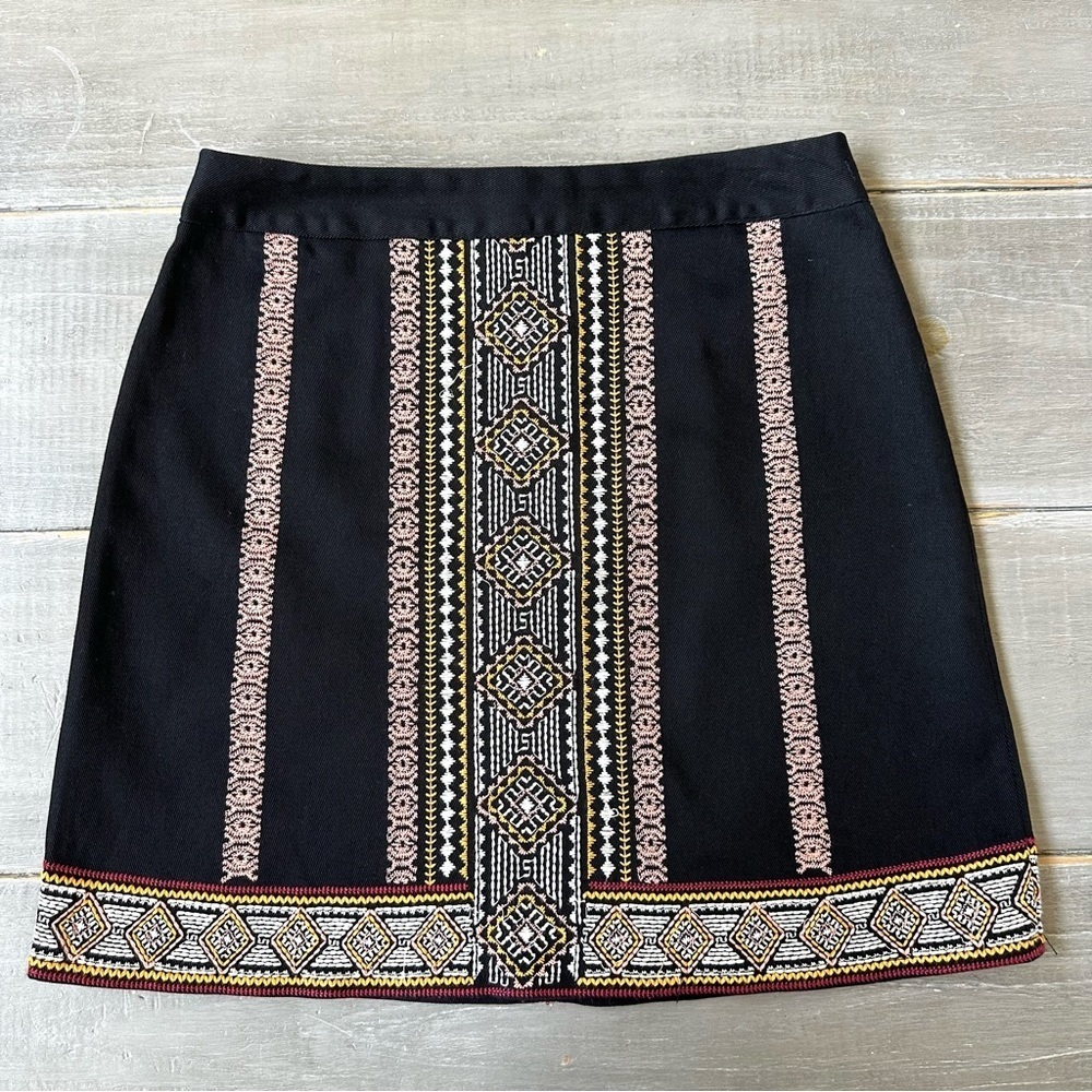 Evereve Braeve Embroidered Corduroy Mini Skirt Black Tribal Aztec Pattern Cotton